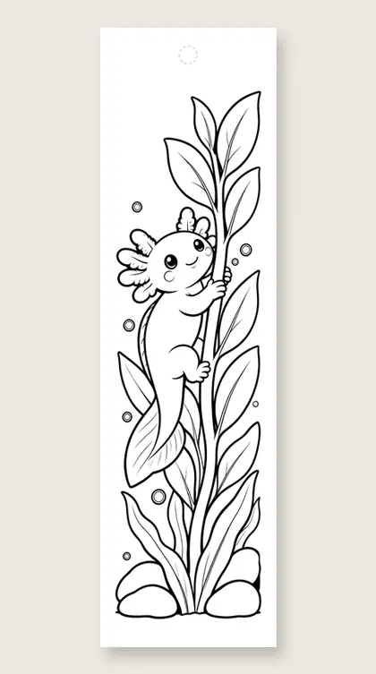 Axolotl climbing a tall plant: coloring bookmark