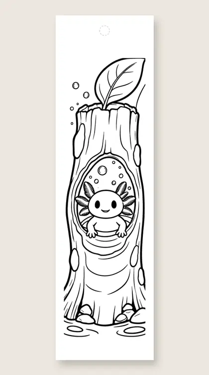 Baby axolotl in a log: axolotl coloring bookmark