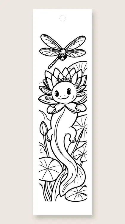 Axolotl hugs a water lily: axolotl coloring bookmark