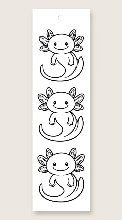 Three axolotls in a row: axolotl coloring bookmark