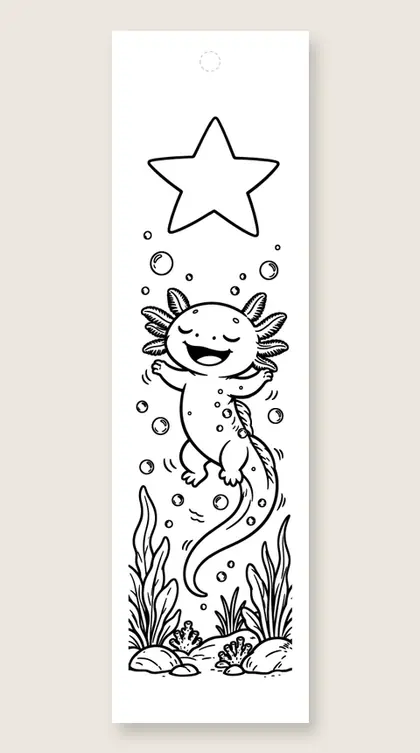 Axolotl dancing in the water: axolotl coloring bookmark