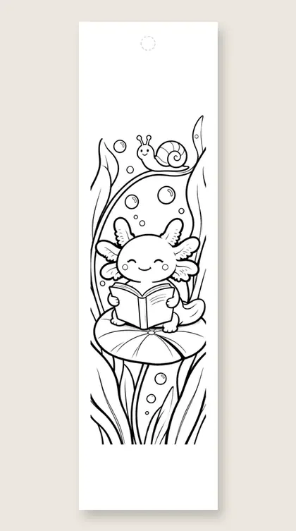Axolotl reads on a lily pad: coloring bookmark