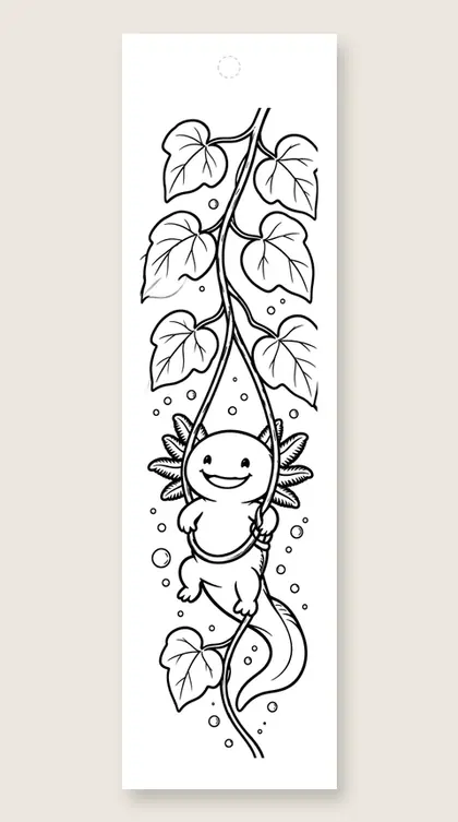 Axolotl on a vine swing: axolotl coloring bookmark