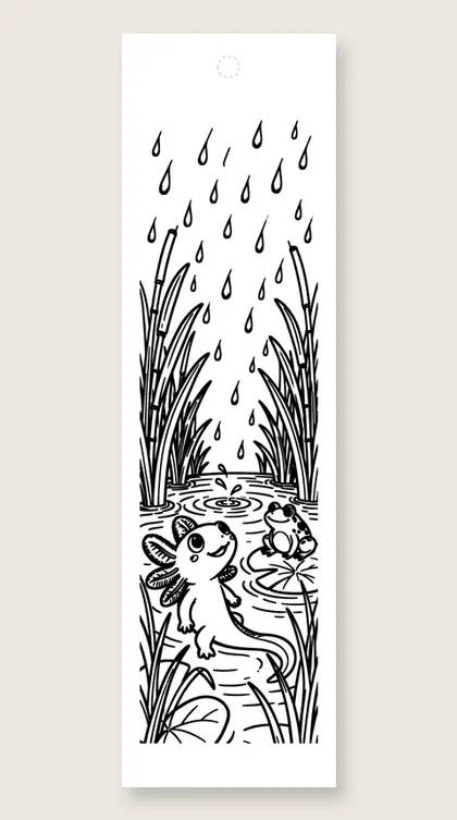 Axolotl in the rain: axolotl coloring bookmark