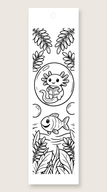 Axolotl reading in a bubble: axolotl coloring bookmark