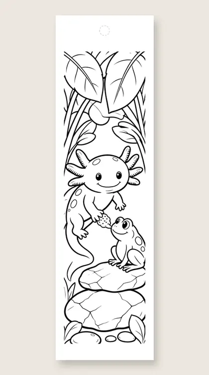 Axolotl shares a snack: axolotl coloring bookmark