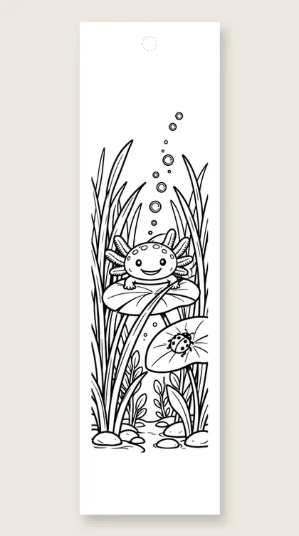 Axolotl peeks from reeds: axolotl coloring bookmark