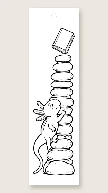 Axolotl reaches for a book: axolotl coloring bookmark