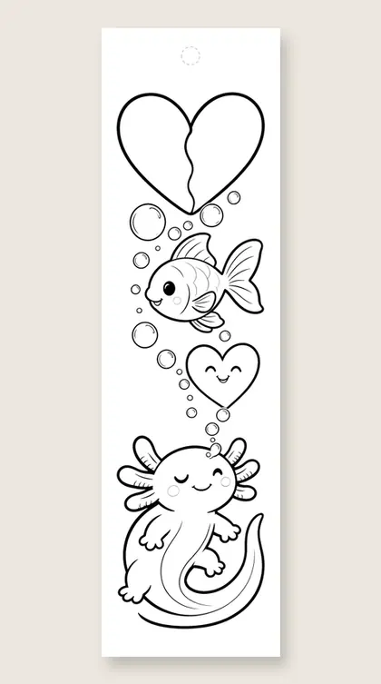 Axolotl blows a kiss: axolotl coloring bookmark