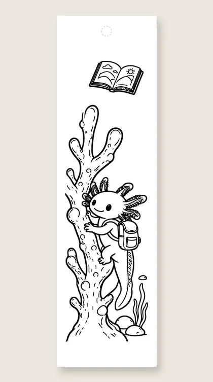 Axolotl with a backpack: axolotl coloring bookmark