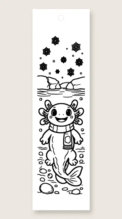 Winter axolotl in scarf: axolotl coloring bookmark