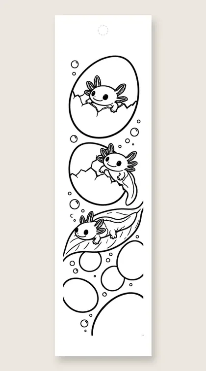 Baby axolotl hatching: axolotl coloring bookmark