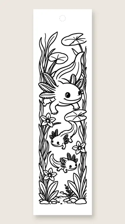 Axolotl mom and babies: axolotl coloring bookmark