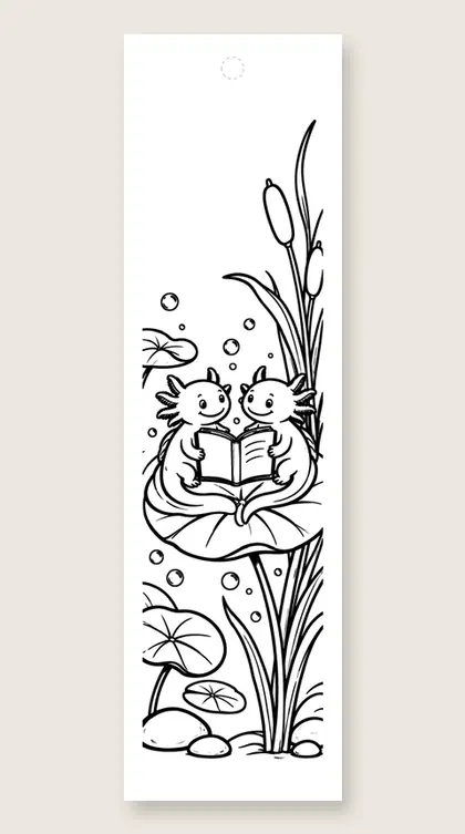 Axolotl friends reading together: axolotl coloring bookmark