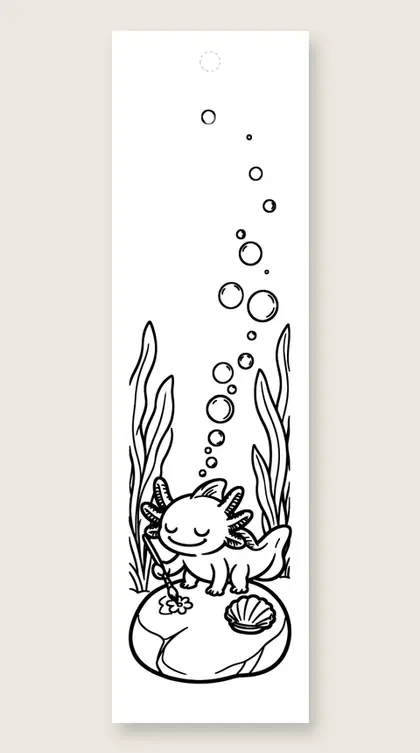 Axolotl paints a pebble: axolotl coloring bookmark