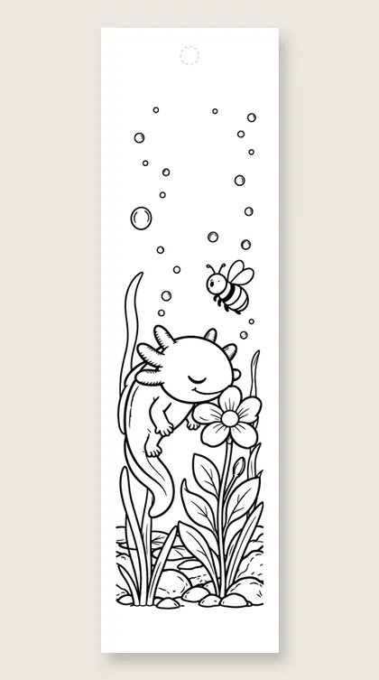 Axolotl smells a flower: axolotl coloring bookmark