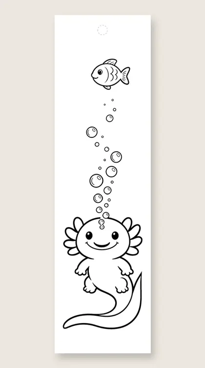 Axolotl blowing bubbles: coloring bookmark