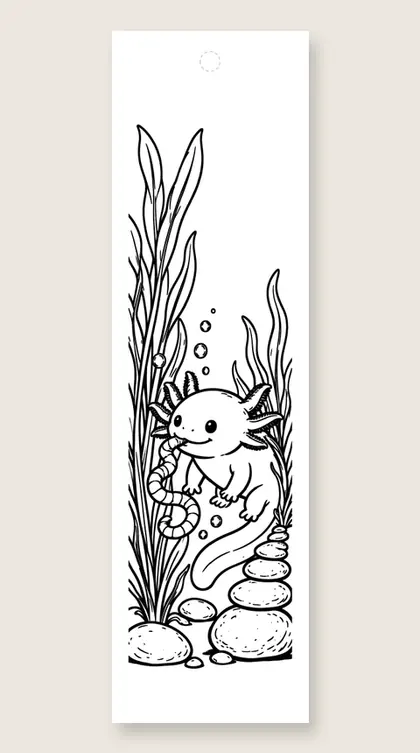 Axolotl eating a worm: coloring bookmark