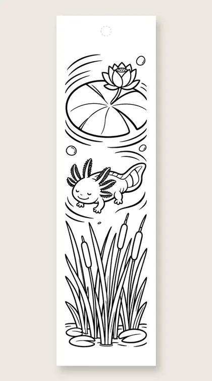 Axolotl beneath the lily pad: coloring bookmark