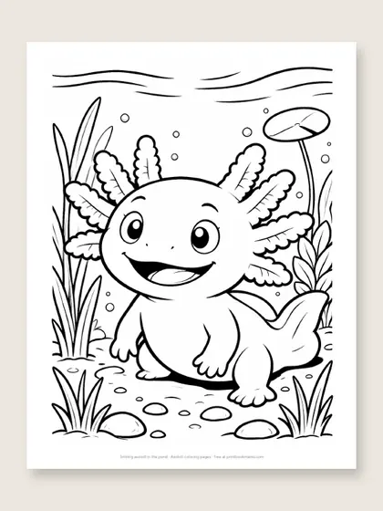 Smiling axolotl in the pond: axolotl coloring page