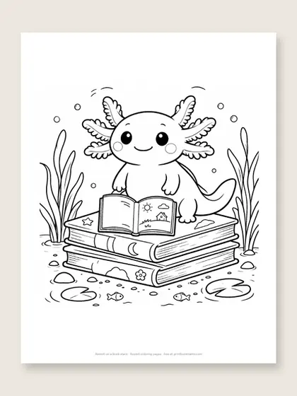 Axolotl on a book stack: axolotl coloring page