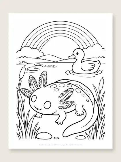 Axolotl and a rainbow: axolotl coloring page