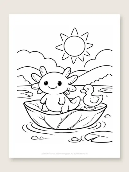 Axolotl sails a leaf boat: axolotl coloring page