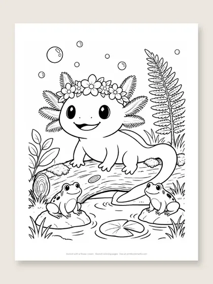 Axolotl with a flower crown: axolotl coloring page