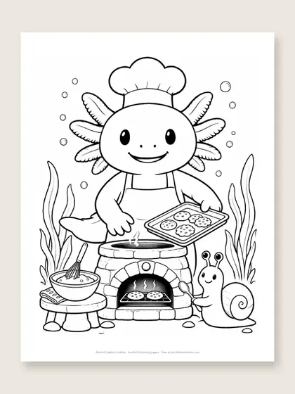 Axolotl bakes cookies: axolotl coloring page