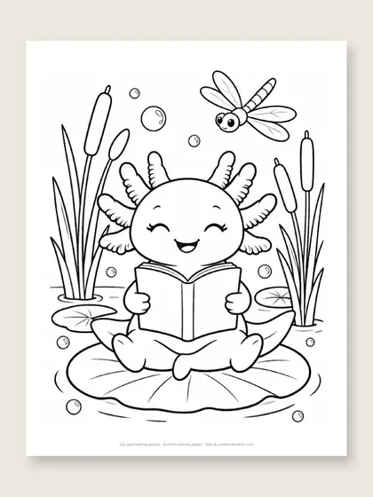 Lily pad reading axolotl: axolotl coloring page