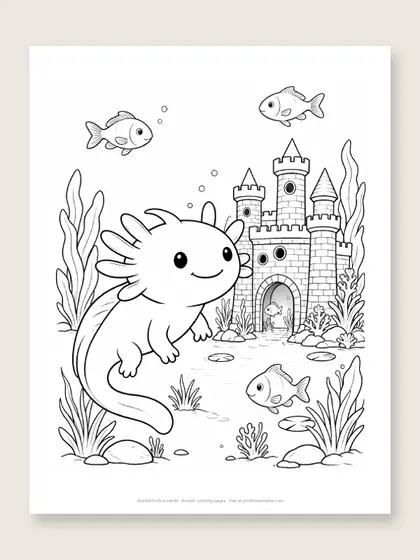 Axolotl finds a castle: axolotl coloring page