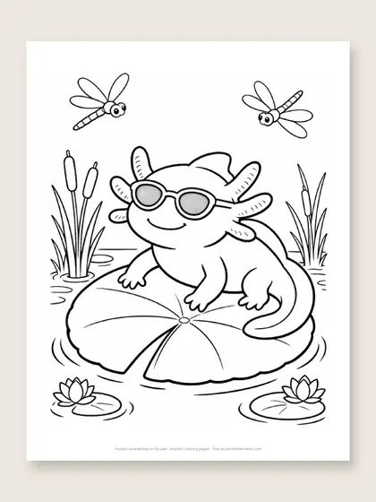 Axolotl sunbathing on lily pad: axolotl coloring page