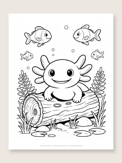 Axolotl in a hollow log: axolotl coloring page