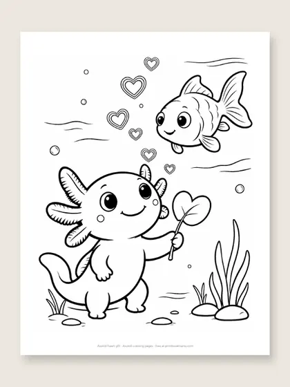 Axolotl heart gift: axolotl coloring page