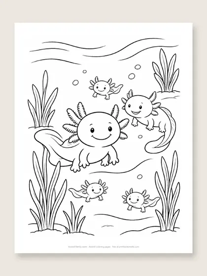 Axolotl family swim: axolotl coloring page