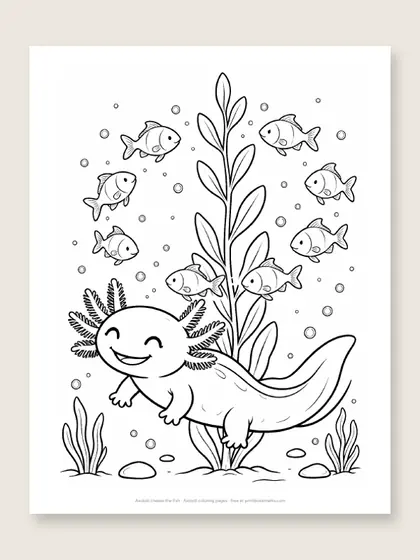 Axolotl chases the fish: axolotl coloring page