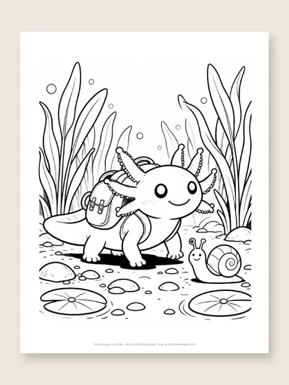 Axolotl goes on a hike: axolotl coloring page