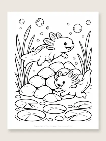 Baby axolotls play tag: axolotl coloring page