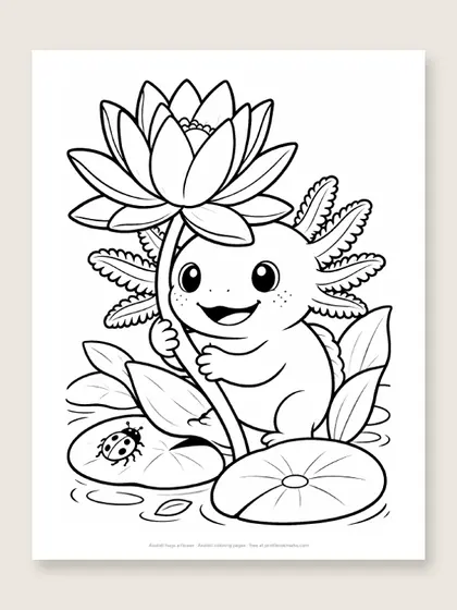 Axolotl hugs a flower: axolotl coloring page