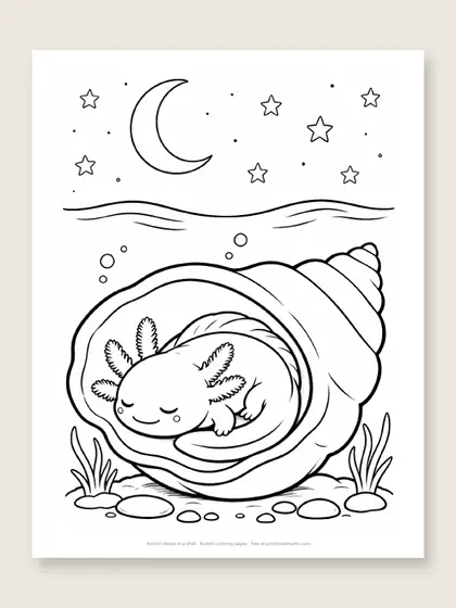 Axolotl sleeps in a shell: axolotl coloring page