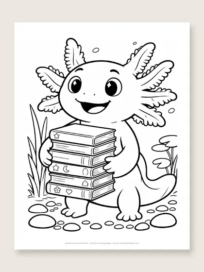 Axolotl and many books: axolotl coloring page