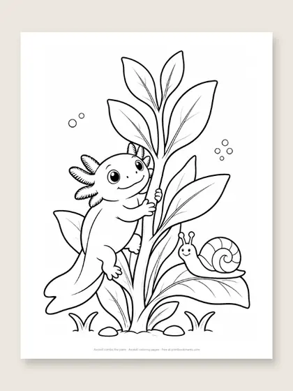 Axolotl climbs the plant: axolotl coloring page