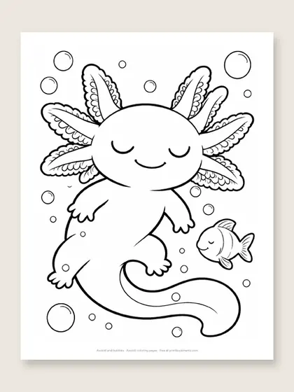 Axolotl and bubbles: axolotl coloring page