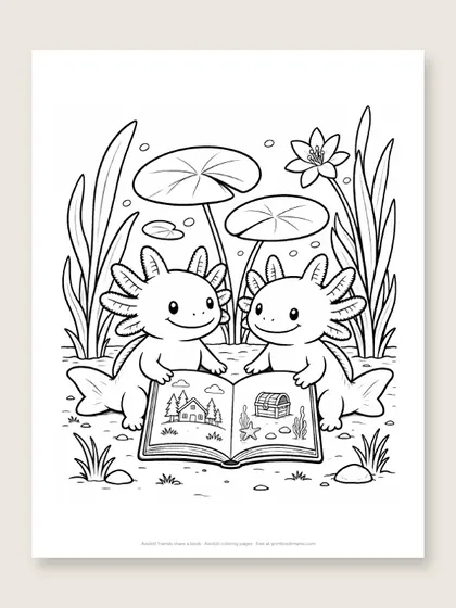Axolotl friends share a book: axolotl coloring page