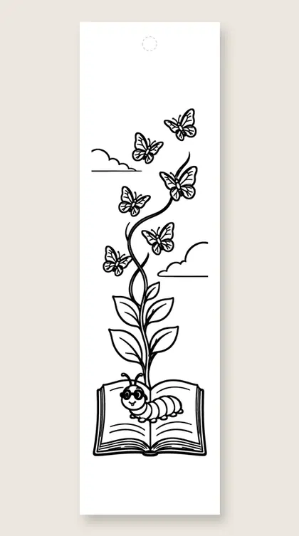 Bookworm watching butterflies: butterfly coloring bookmark