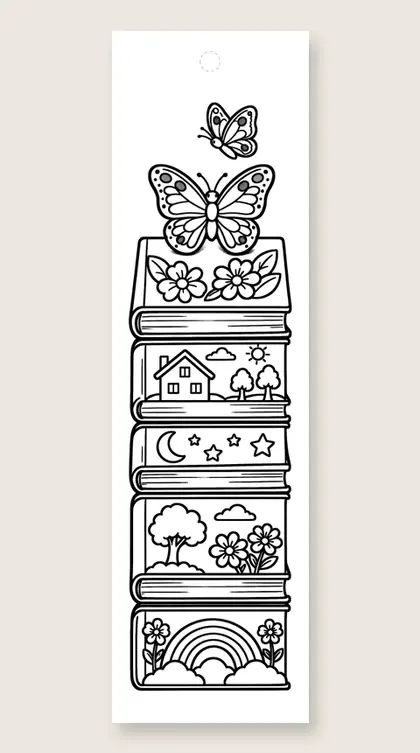 Butterfly on a book stack: butterfly coloring bookmark