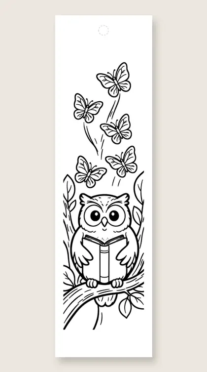 Owl and butterflies reading: butterfly coloring bookmark