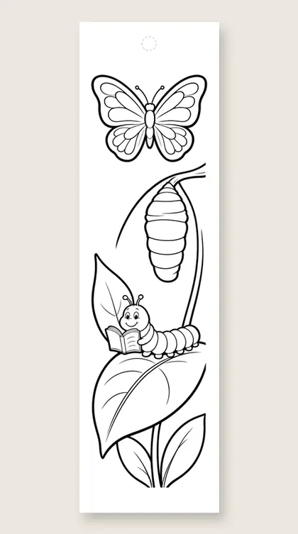 Caterpillar reading a book: coloring bookmark