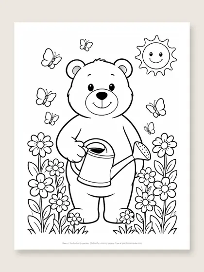 Bear in the butterfly garden: bear coloring page