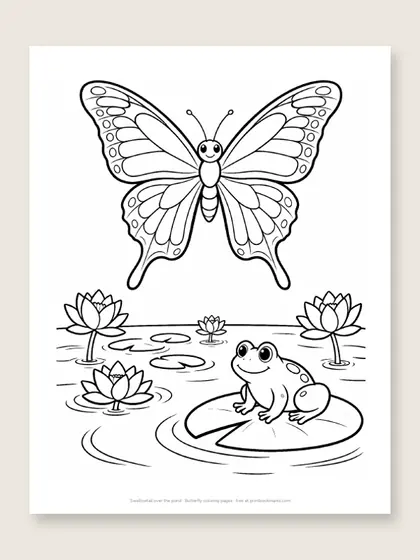 Swallowtail over the pond: butterfly coloring page